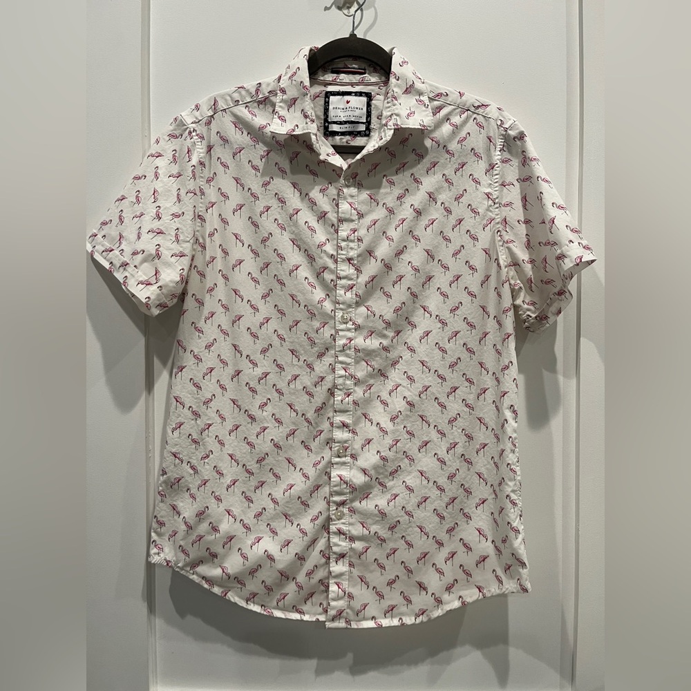 Denim & Flowers Slim Fit Cotton Men's Flamingo Short Sleeve Button Down